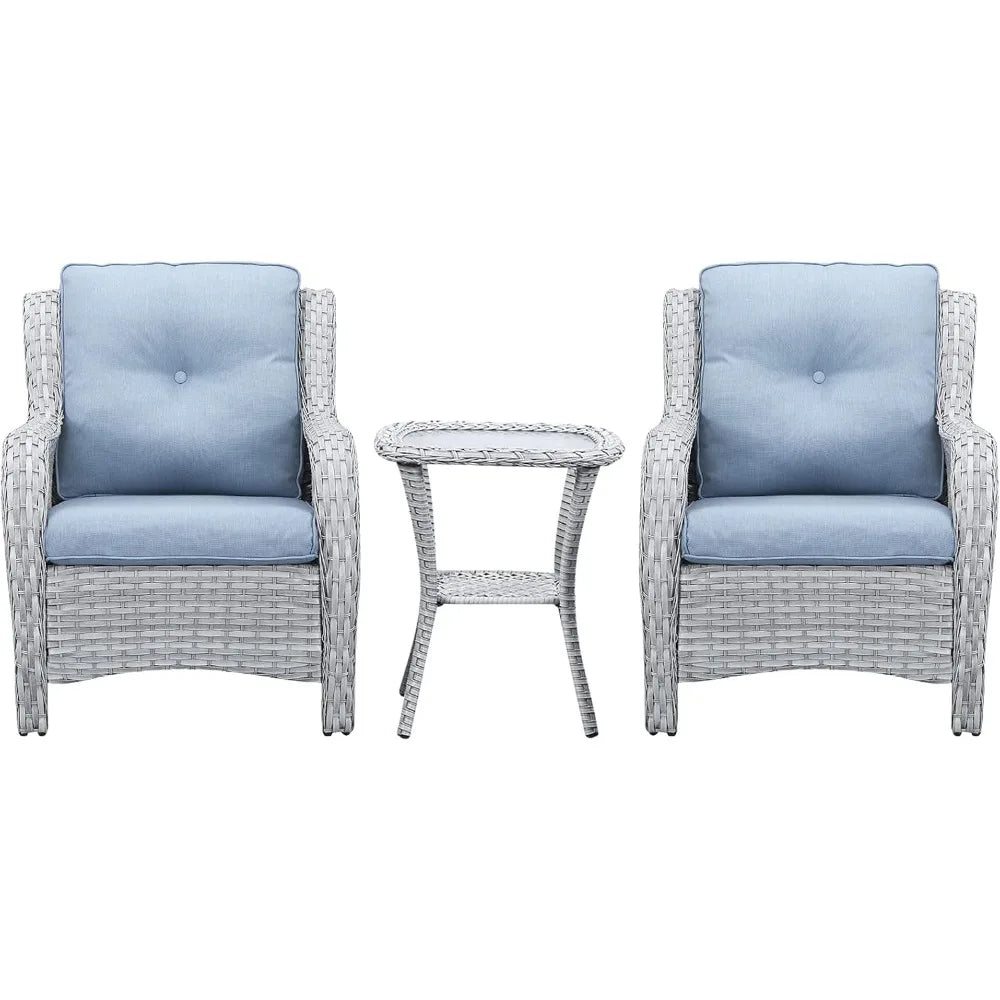 Patio Bistro Set Wicker Chairs - 3 Piece Outdoor Rattan Conversation Set with 2 Armrest Chair and 1 Side Table for Proch Deck