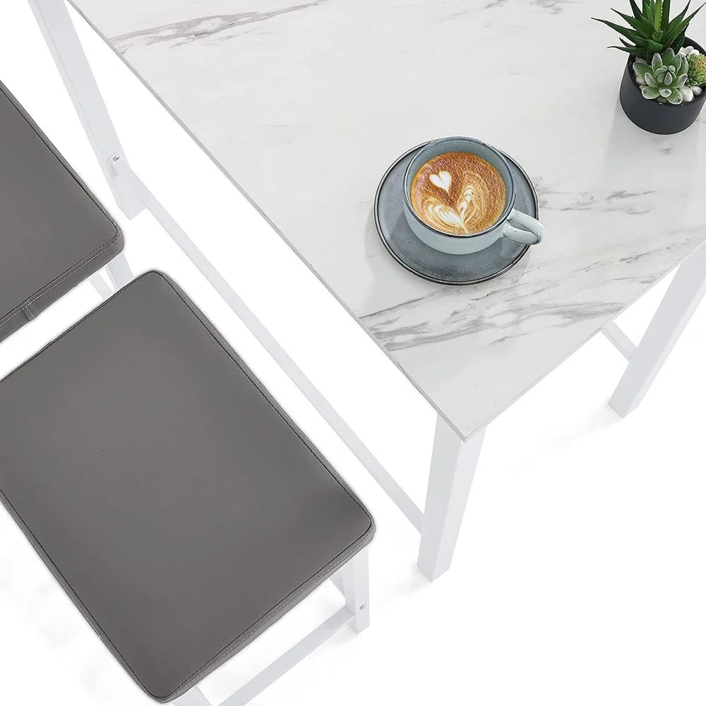 Counter Height Dining Table Set with 2 Cushioned Stools Modern Space Saving Design Faux Marble Top Indoor Use
