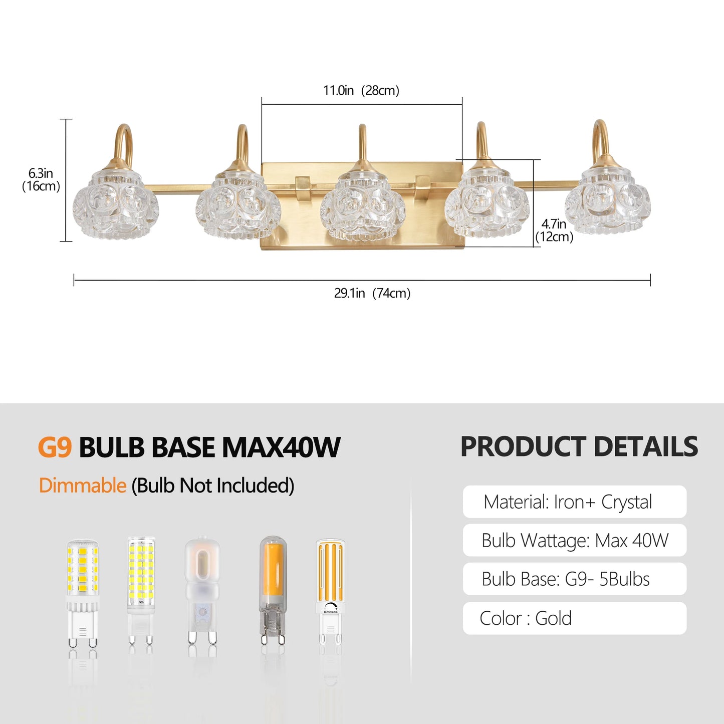 Modern Crystal Bathroom Vanity Light, 5-Light Golden Wall Sconce with Clear Glass Shade, Elegant Wall Mount Lighting(No Bulbs)