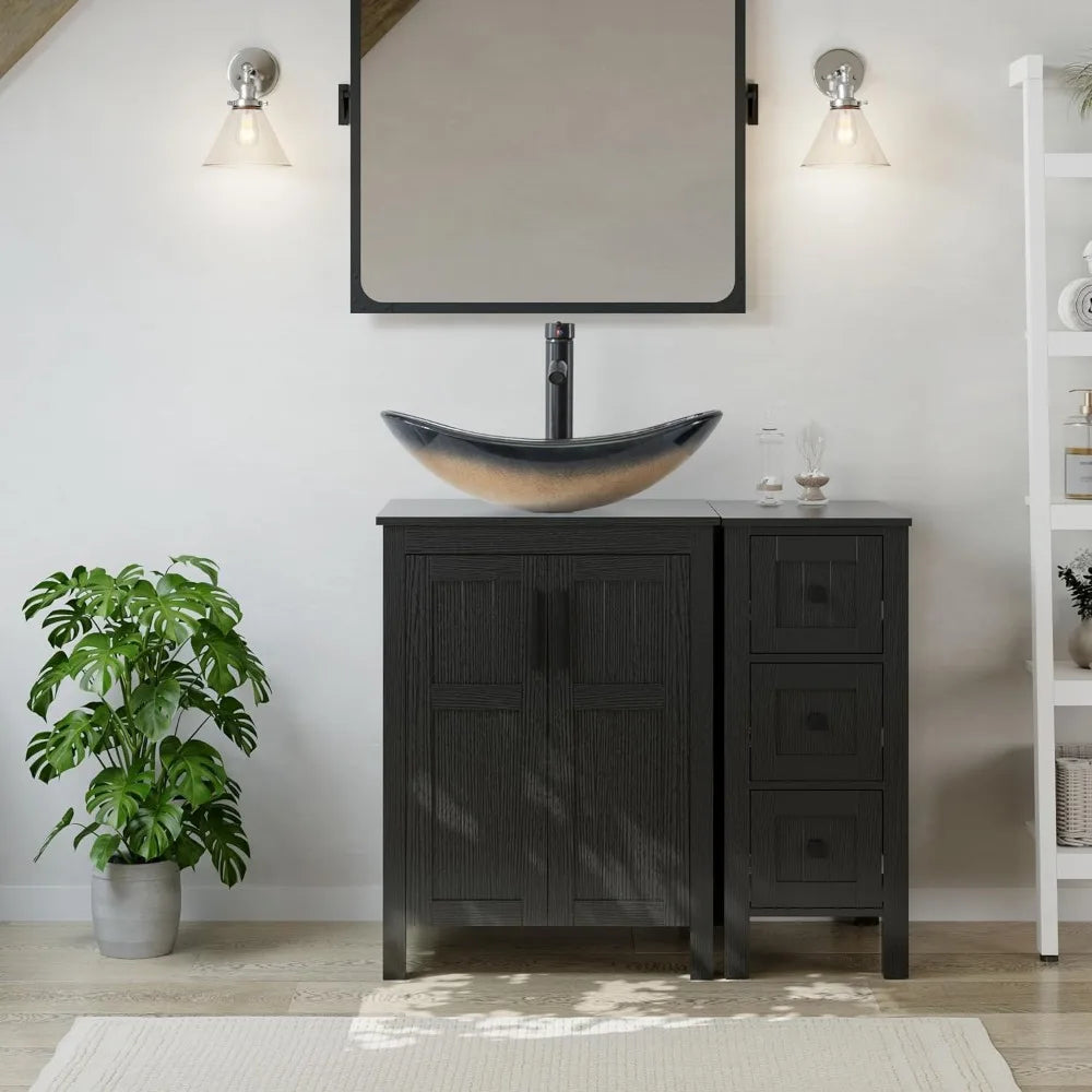 36" Black Bathroom Vanity With Sink Combo, Modern Cabinet With 3 Drawers, Grooved Doors & Metal Handles, Champagne Boat Tempere