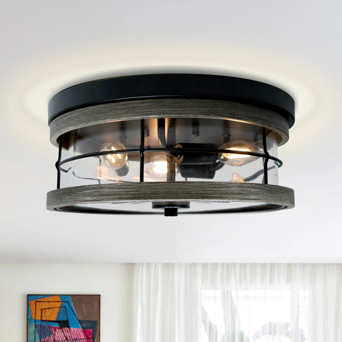 3-Light Flush Mount Ceiling Light Fixture, Farmhouse Vintage Close to Ceiling Lights with Clear Glass for Kitchen Bedroom Foyer