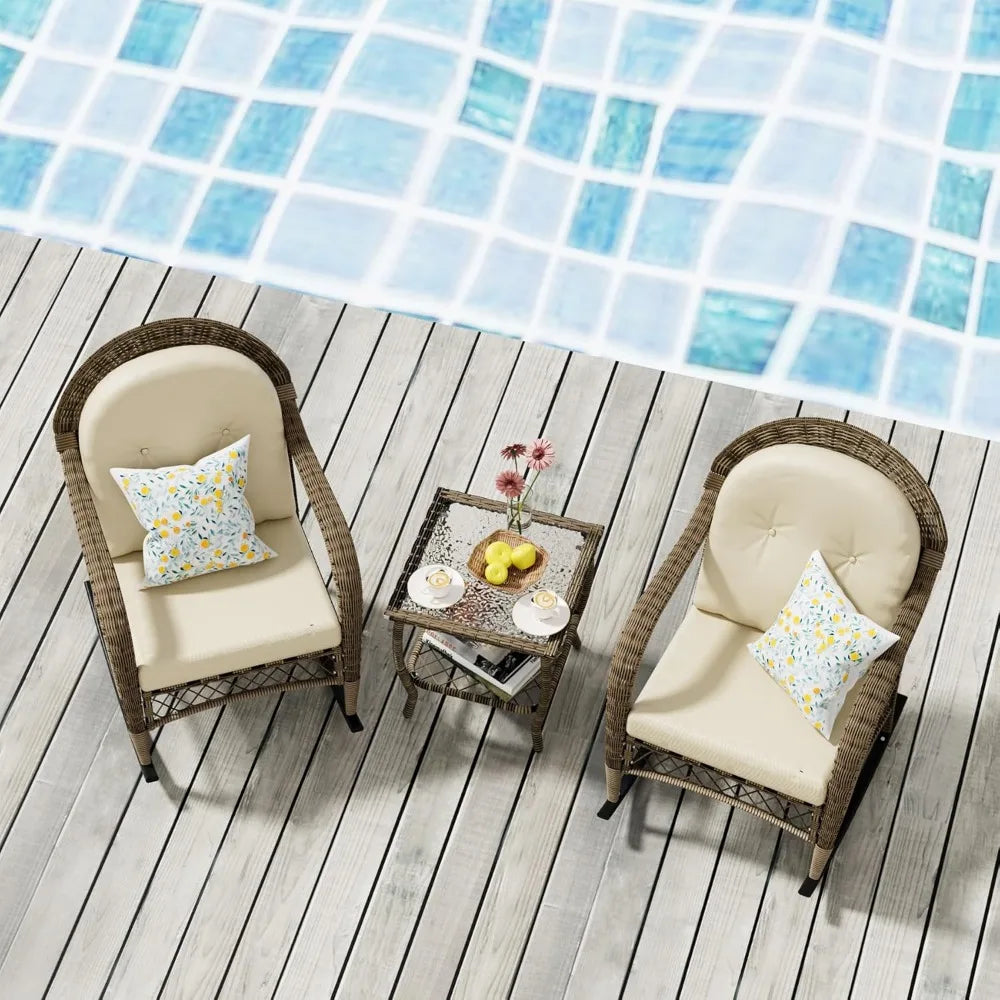 3 Pieces Patio Conversation Set, Lounge Rocking Chair with Cushion and Coffee Table, Wicker Bistro Set, Outdoor Furniture for Po