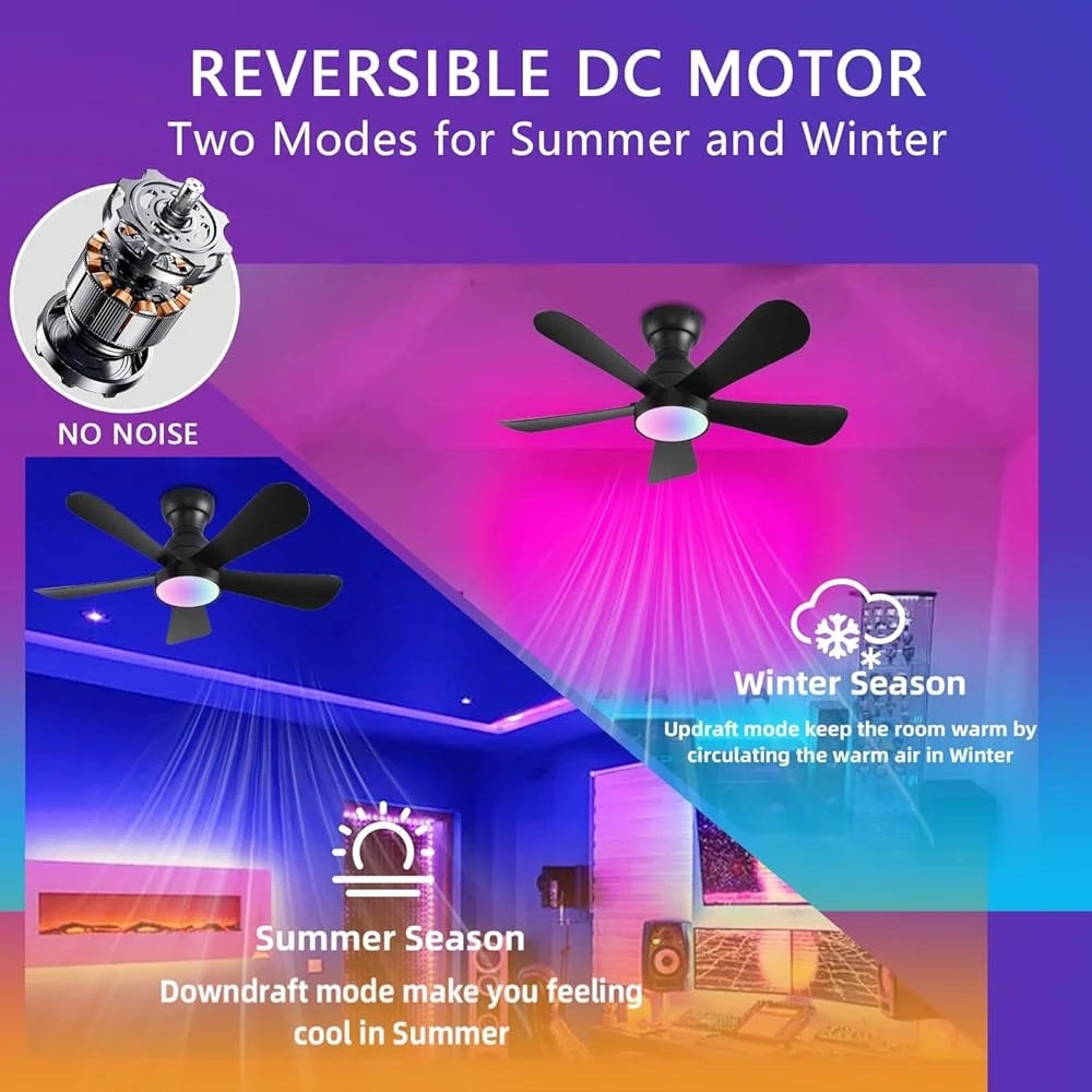 36inch Ceiling Fan with Lights Remote Control Reversible DC Motor RGB Dimmable Flush Mount Fan Indoor Outdoor Spaces