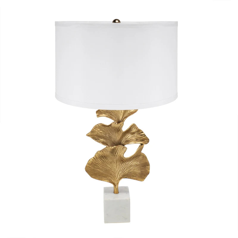 Aluminum Artistic Drum Drum shade Fabric Home Lamp Marble Shade Table D17x30.2 Gold Ginkgo Leaf Table Lamp with Marble Base and