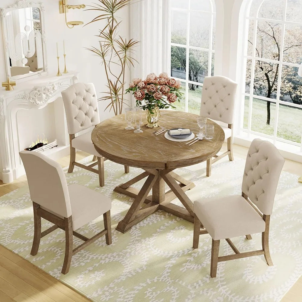 Restaurant Furniture, Extendable Round Kitchen Table Set with 4 Upholstered Chairs, Dining Sets for Kitchen Solid Wood Table