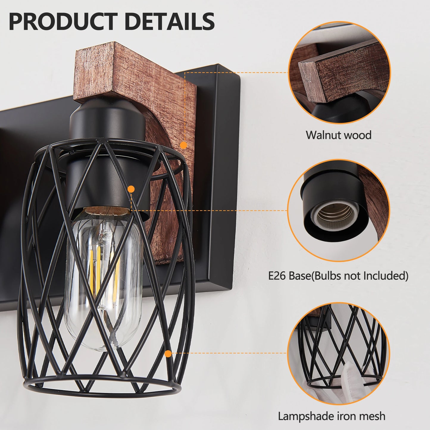 38" Industrial Vintage 6-Light Wall Sconce - Black Cage Wall Lighting Fixture with Wooden Accents