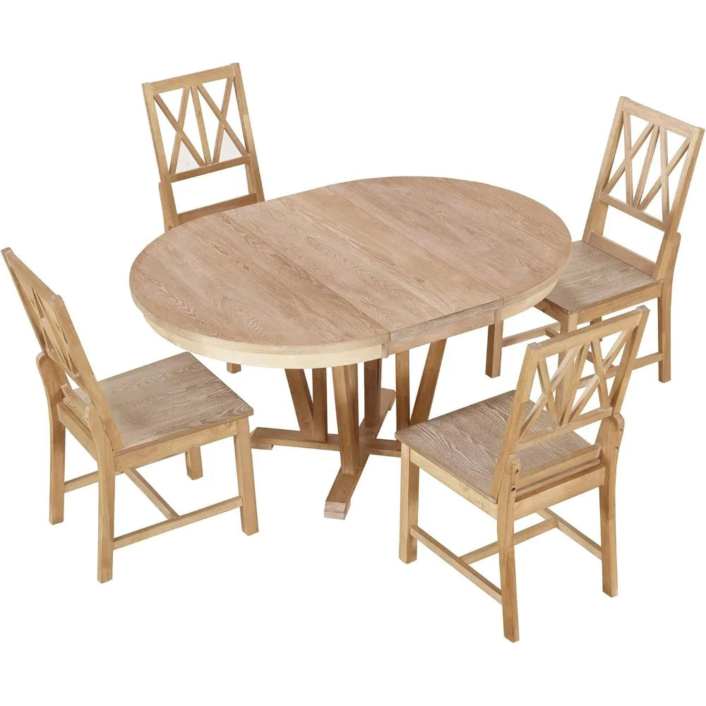 5-Piece Extendable Dining Table Set, Farmhouse Kitchen Table for 4 6-8 People with Removable Middle Leaf and 4 Cross Back Chairs