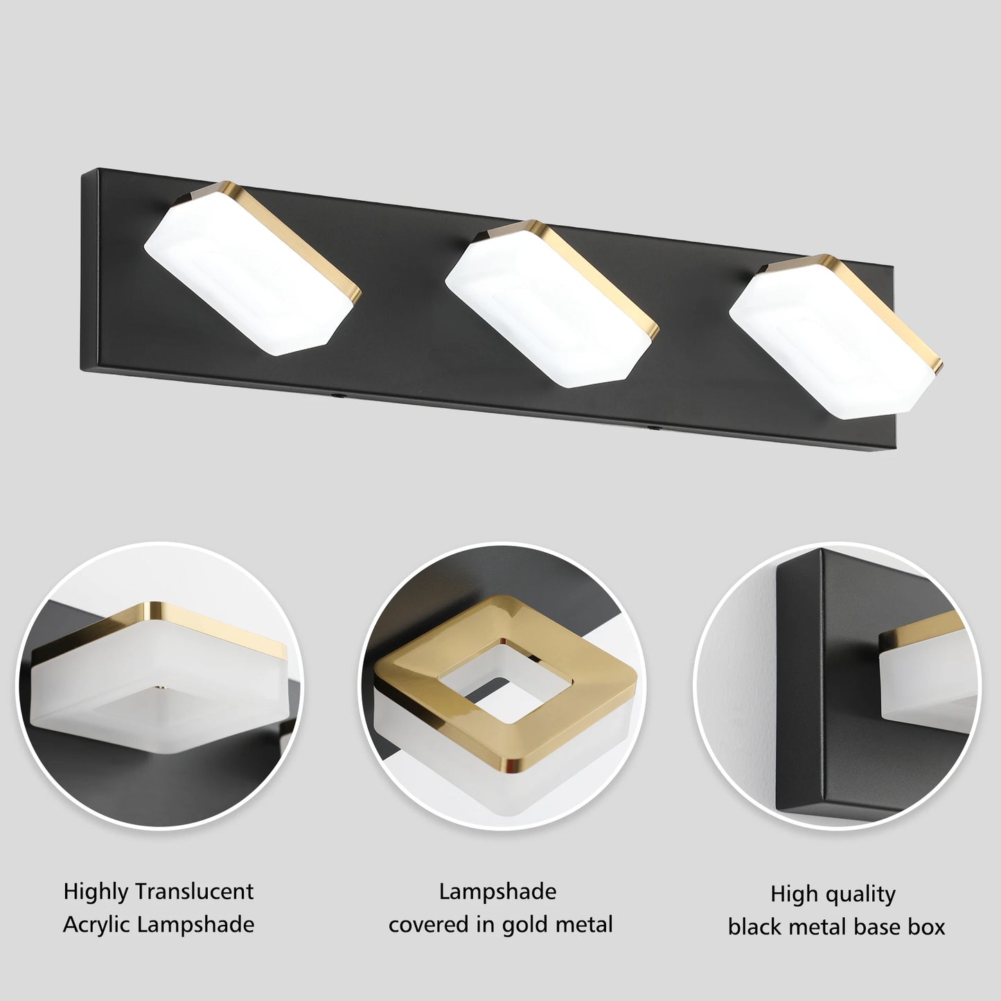 20.5in 3-Light Black and Gold Vanity Light Fixture over Mirror with Dimmable 5500K and 270° Rotatable Head Acrylic Lampshade