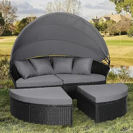Outdoor Patio Daybed with Retractable Canopy, Wicker Rattan Sectional Round Sofa Furniture Set, 5 Pieces Seating Separates Cushi