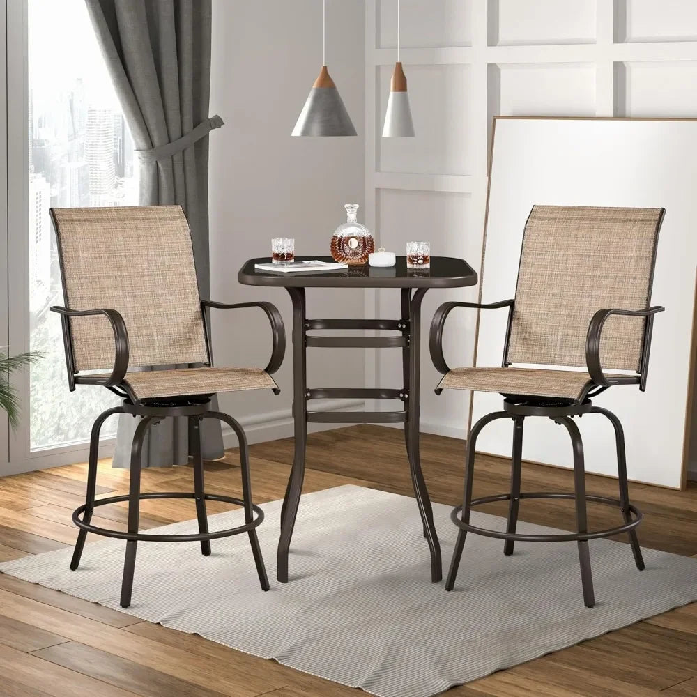 Patio Swivel Bar Stools Set of 2, All-Weather Outdoor High Bistro Stools for Outside, Beach, Lawn, Poolside and Garden, Brown