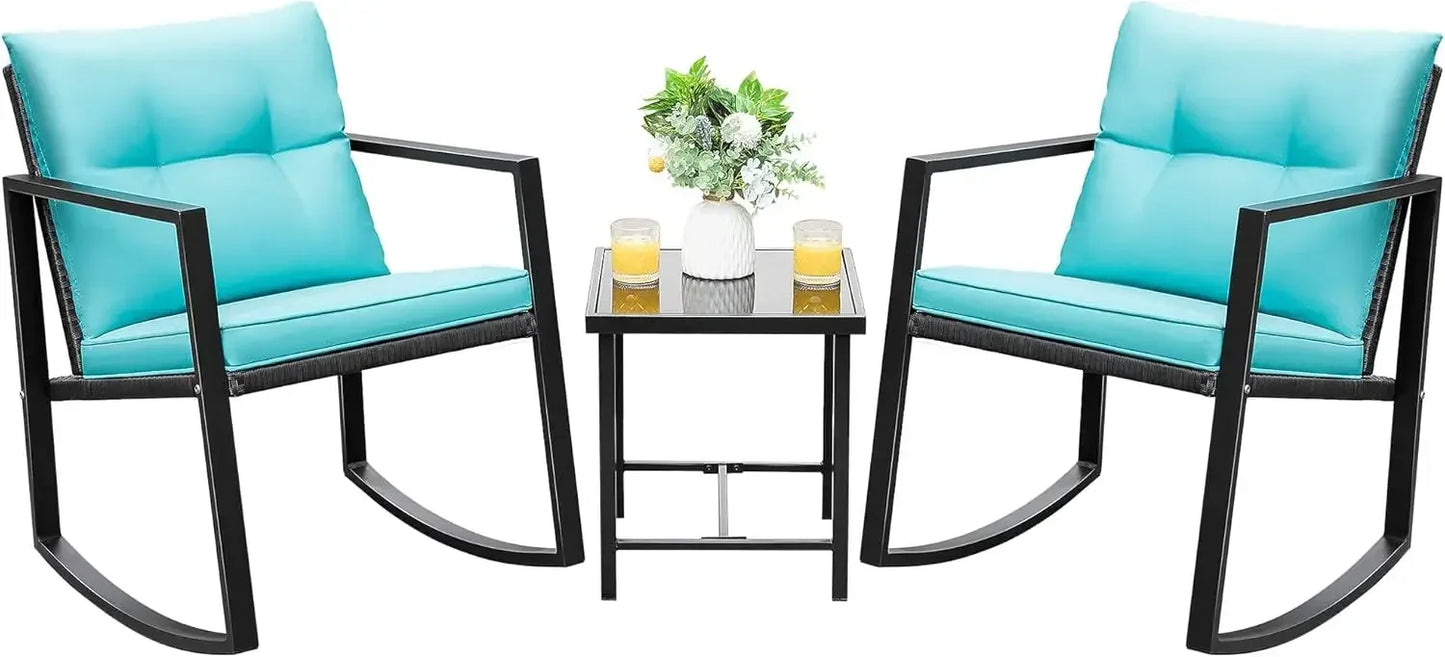 Piece Rocking Bistro Set Wicker Patio Outdoor Furniture Porch Chairs Conversation Sets with Glass Coffee Table