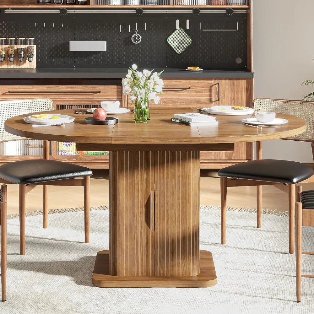 Extendable Round Dining Table for 4-6-8, 59 Inch Dining Room Kitchen Table with Storage, Fluted Wood Slide Door, Modern Oval Bre