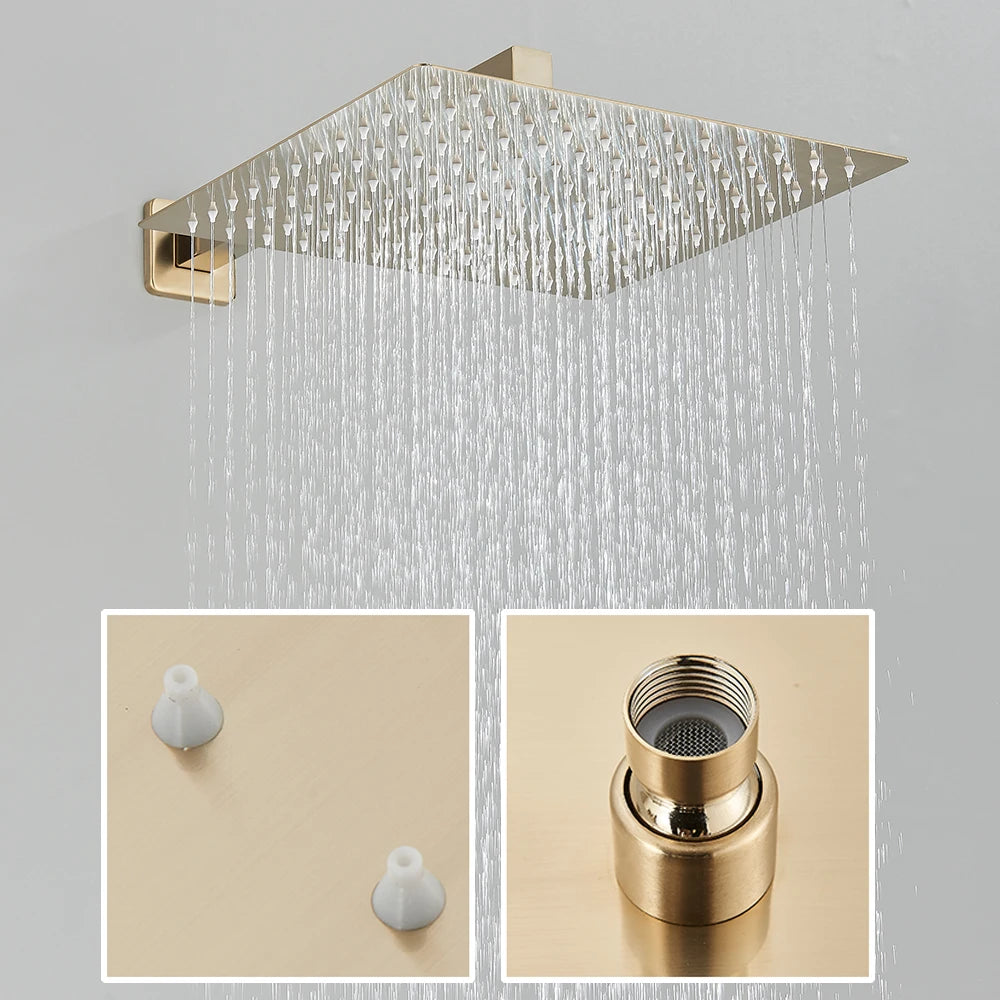POIQIHY Brushed Golden Shower Faucets Wall Mount Concealed Shower Set Rainfall Bath Shower Mixers 2-3 ways Bathroom Mixer Tap