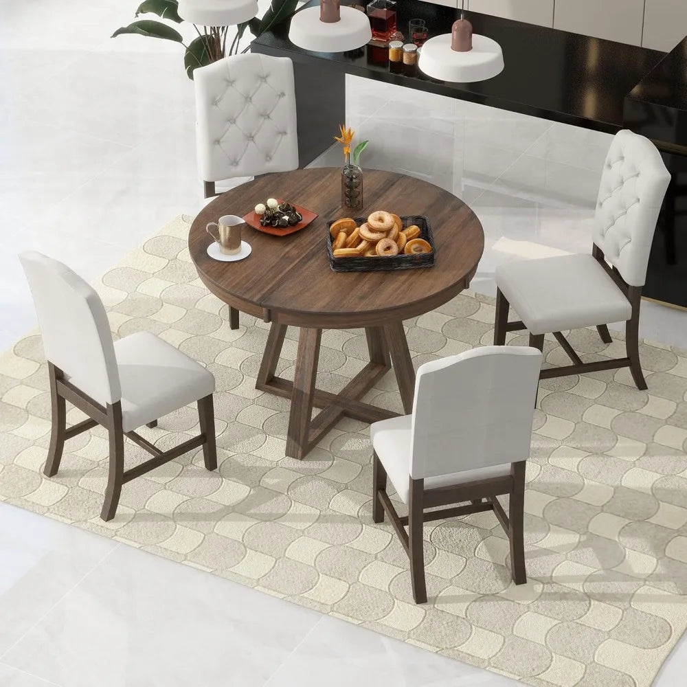 5-Piece Round Dining Table Set, Mid Century Modern Round Dining Table for 4-6 Person, Round Dinner Table with 4 Upholstered