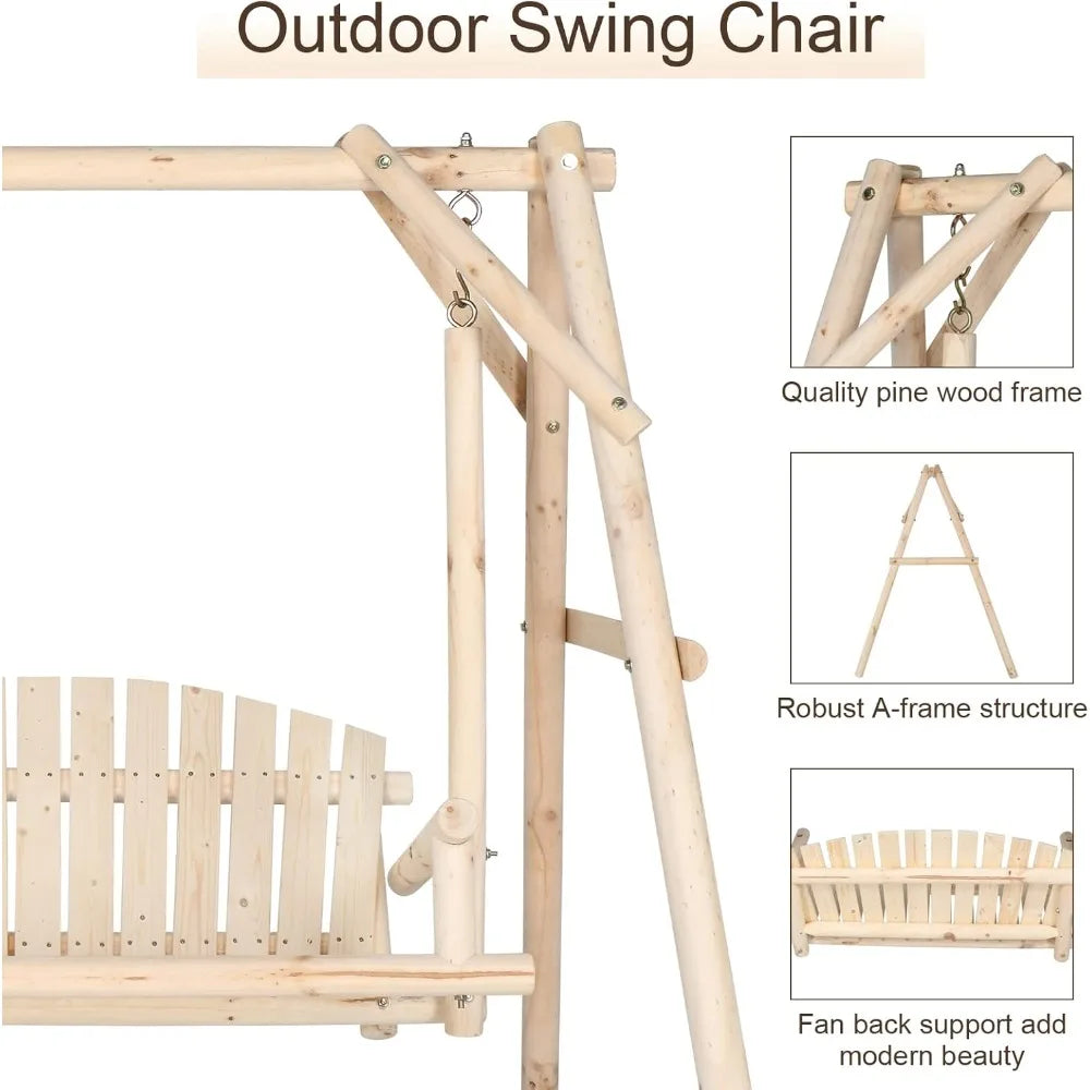 Heavy Duty 880 LBS Wooden Patio Porch Swing with A-Frame Stand, Hanging Swing Bench Chair with Frame for Outside, Yard, Garden