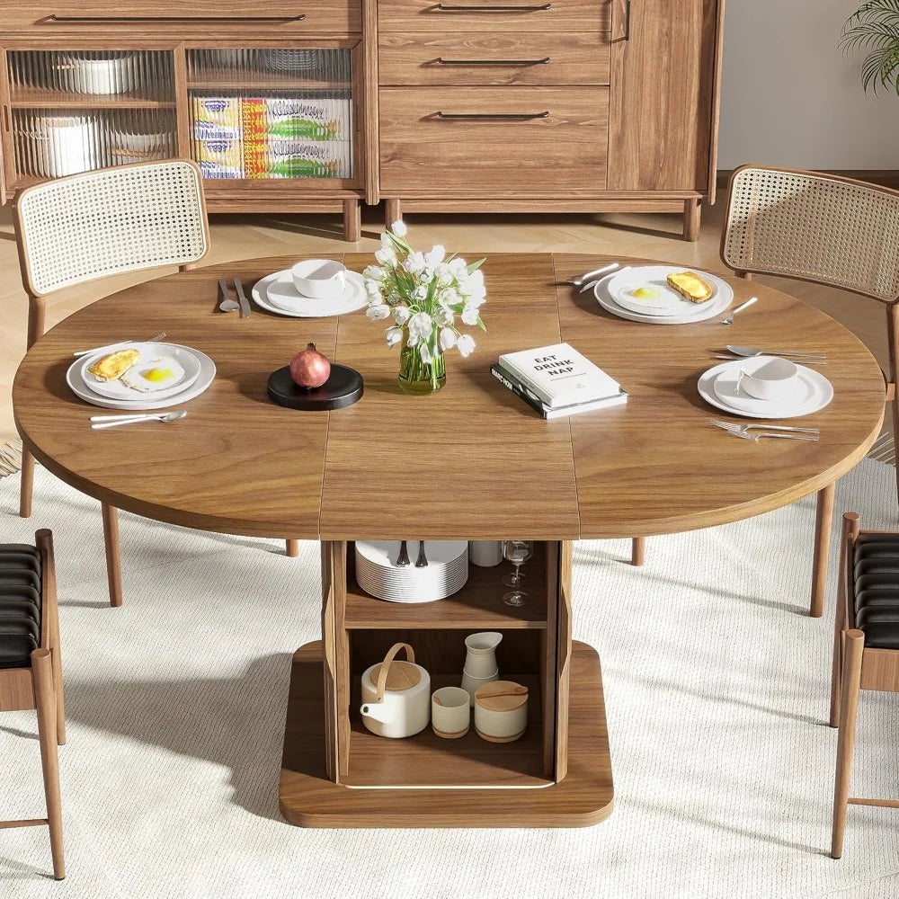 Extendable Round Dining Table for 4-6-8, 59 Inch Dining Room Kitchen Table with Storage, Fluted Wood Slide Door, Modern Oval Bre