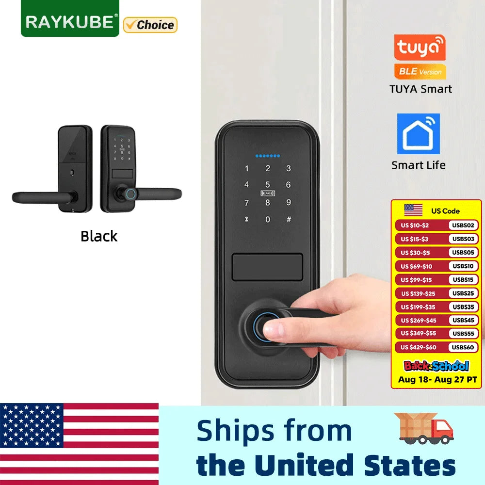 RAYKUBE Smart Biometric Fingerprint Door Lock Electronic Lock Tuya App Set Fingerprint/ Password/ Card Unlock Delivery From US