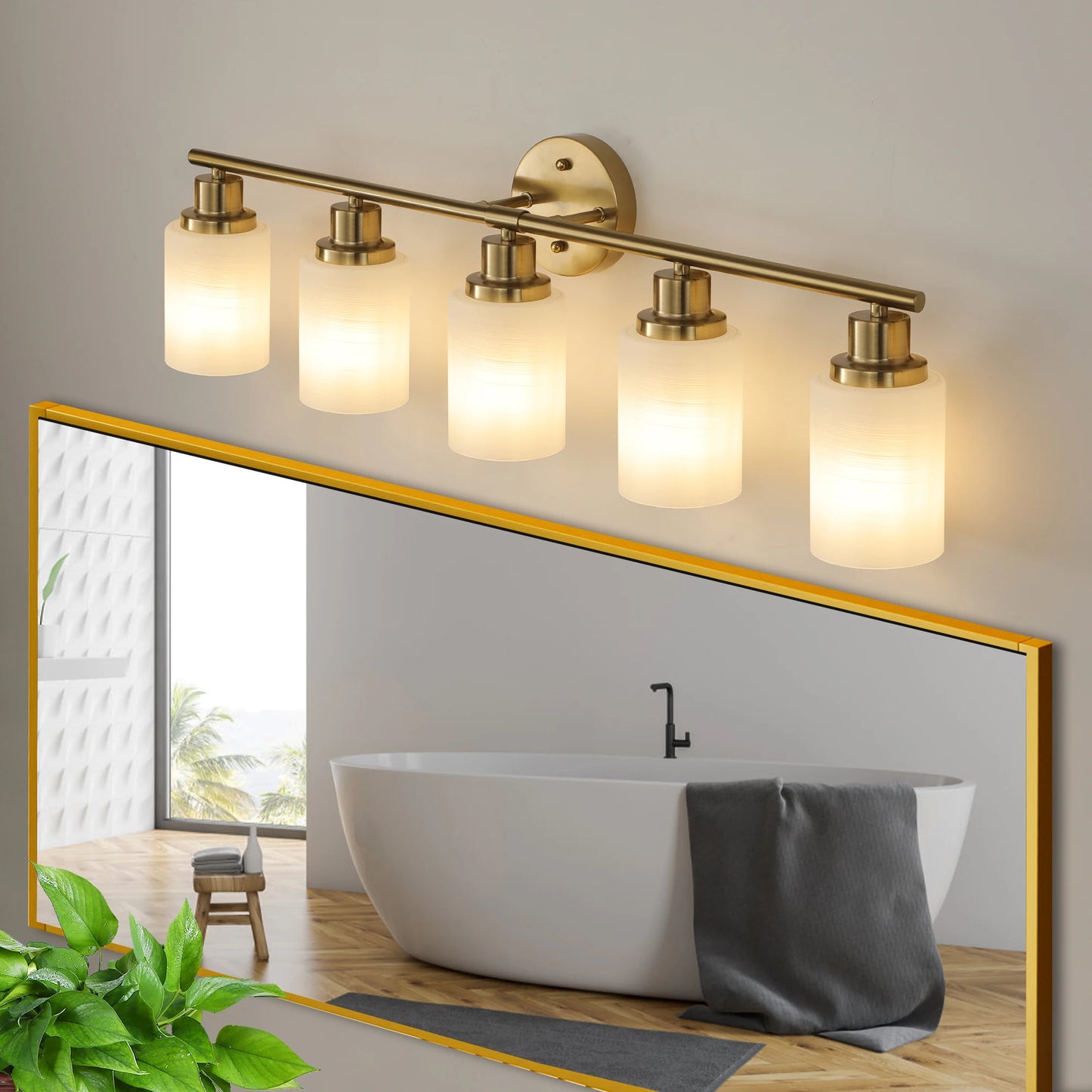 31" Modern 5-Light Vanity Bathroom Mirror Light, Frosted White Glass with Iron Frame, Contemporary Wall Sconce