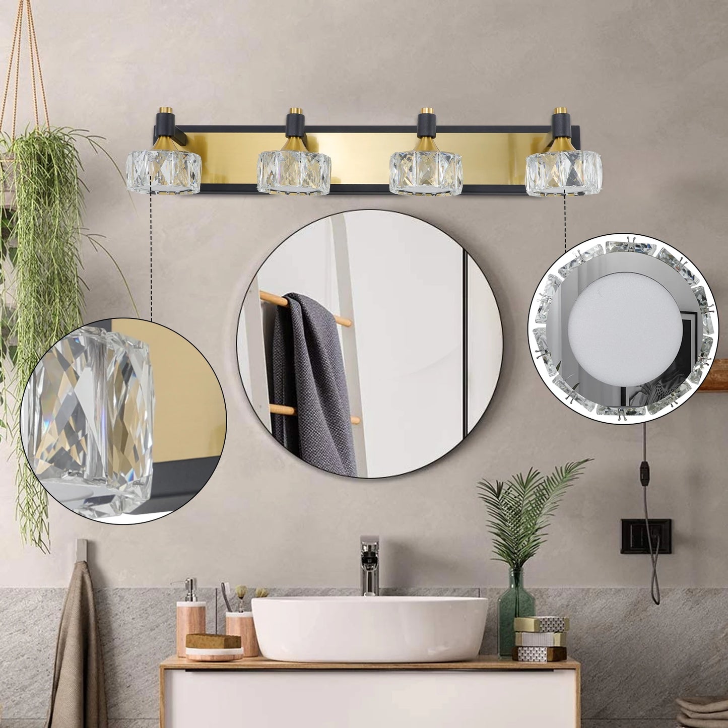 LED Vanity Light 4-Light Modern Crystal Bathroom Over Mirror Bath Wall Lighting Fixture Suitable for bathrooms, bedrooms