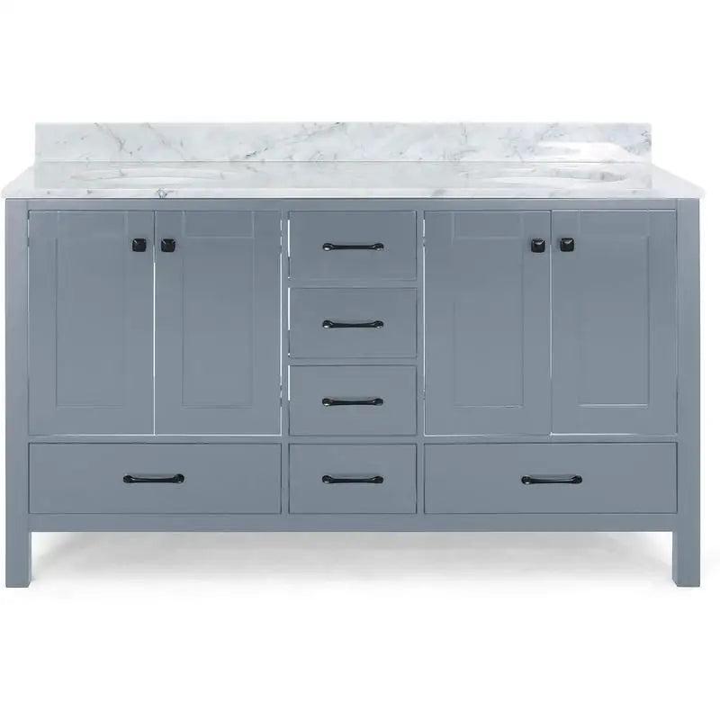 73" Bathroom Vanity with Marble Top & Dual Ceramic Sinks, 4 Cabinet Doors, 6 Drawers, Grey Finish