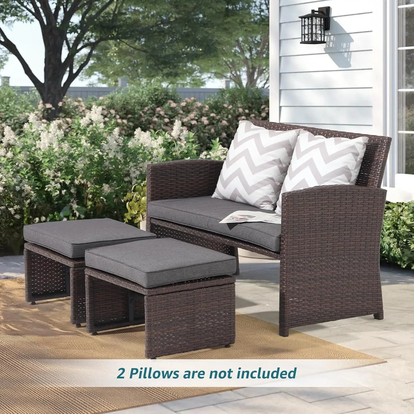 Outdoor Loveseat 3 Piece Patio Furniture Set Outdoor Conversation Set All-Weather Wicker Love Seat with Ottoman/Side Table, Brow