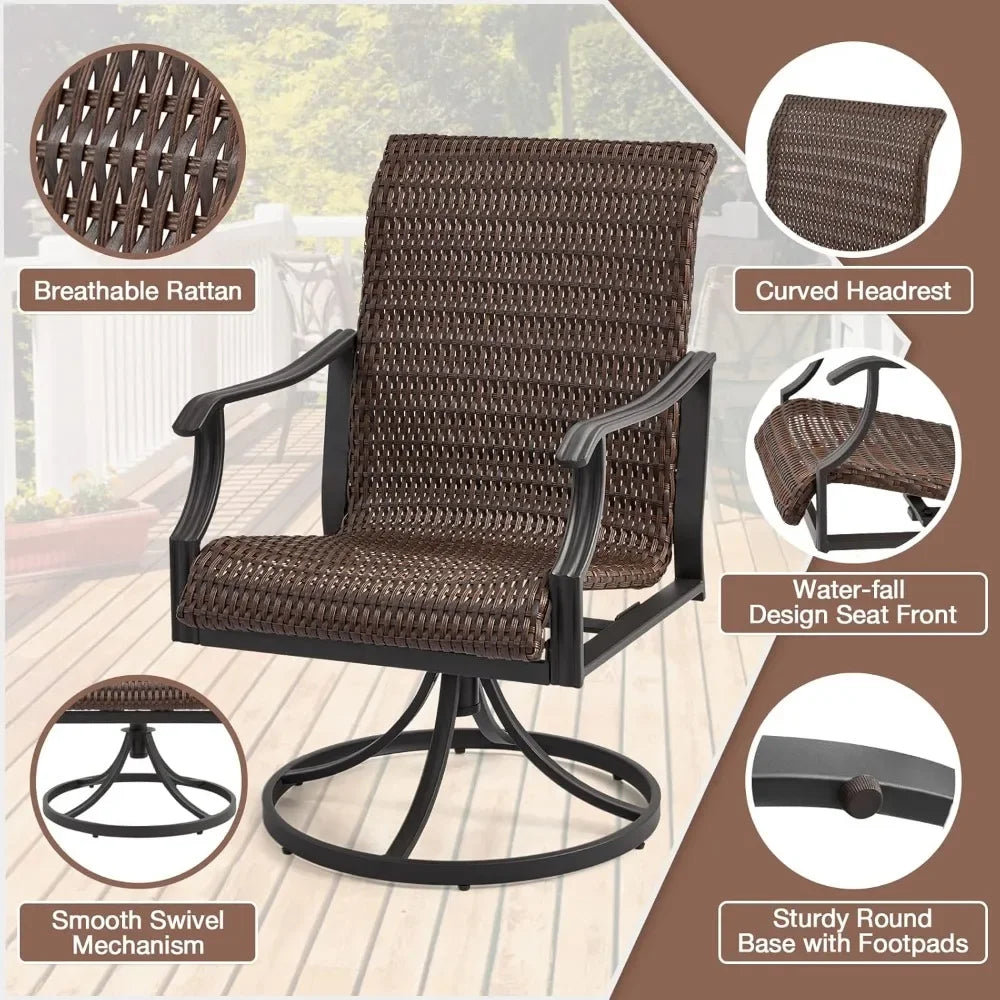Patio Wicker Swivel Chair Set of 2, Heavy Duty Outdoor Dining with 23.5'' High Back, Extra-Large Water-Fall Seat