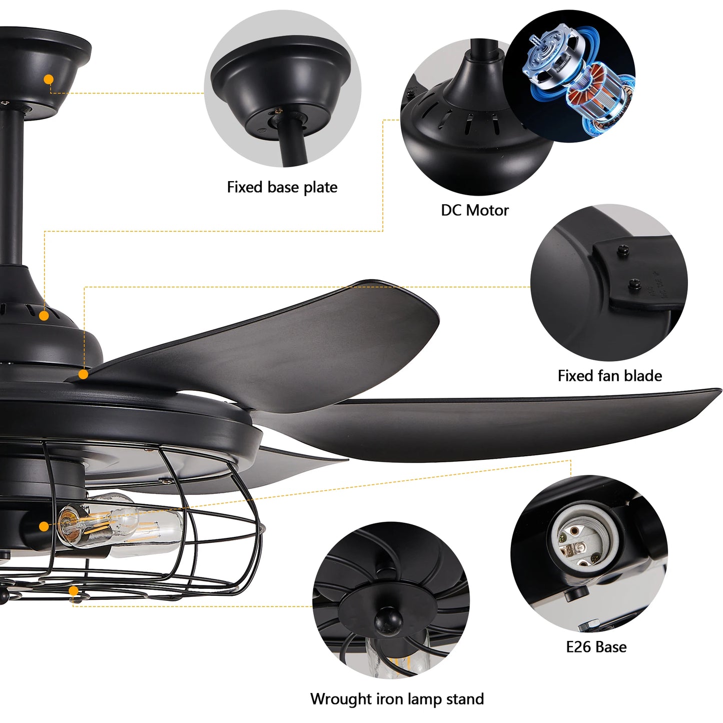 ARLGSITE 52" Modern Cage Design Black Ceiling Fan Light Remote Control 6 Fan Blades Adjustable Speed for Living Room Bedroom