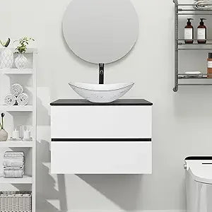 30-Inch Black and White Wall Mounted Bathroom Vanity Cabinet with 2 Drawers and Silver Boat Glass Sink