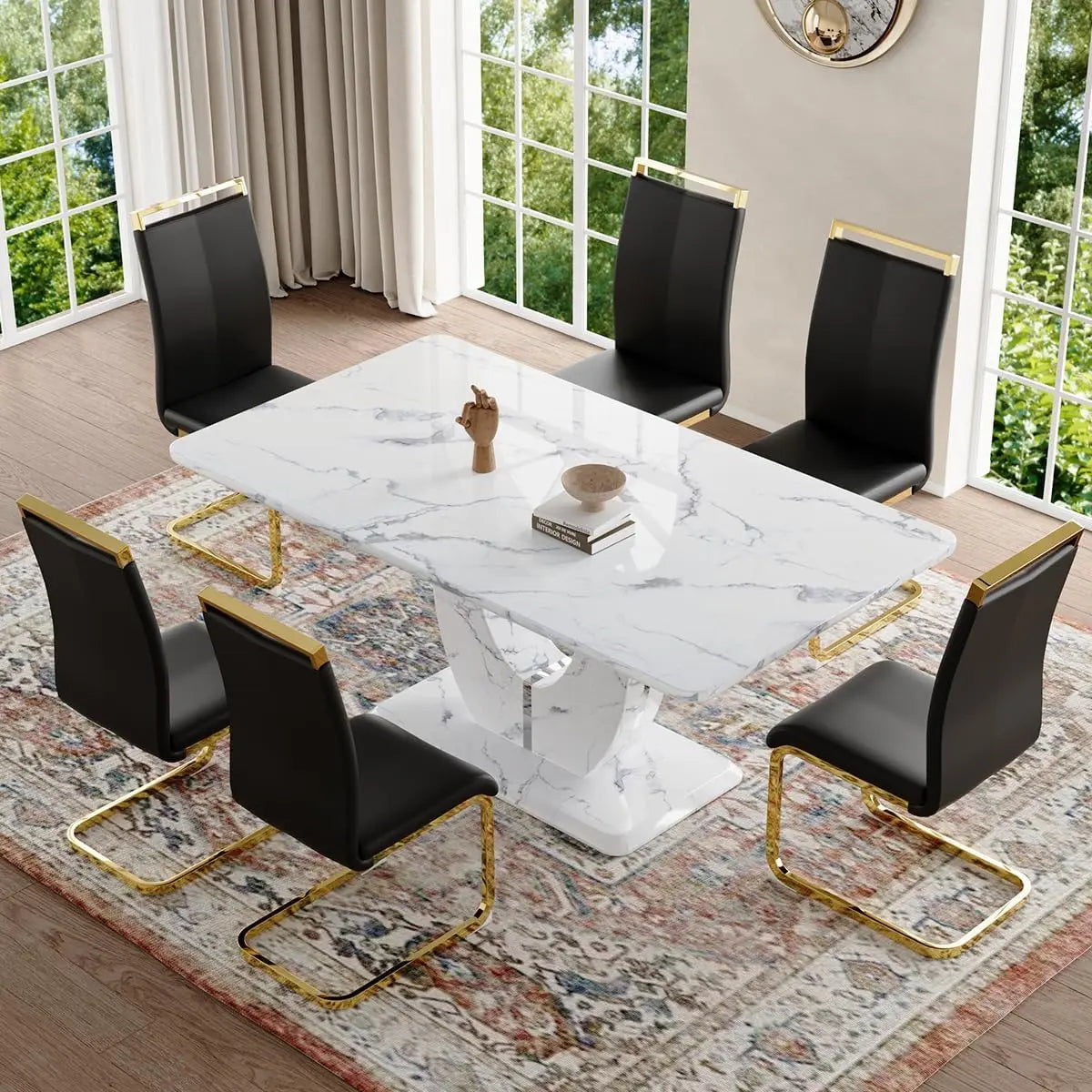 Dining Table Set 6,White Faux Marble Dining Room Table Set 6,63" Rectangle Kitchen Table Chairs Set of 6 Dining Kitchen Room