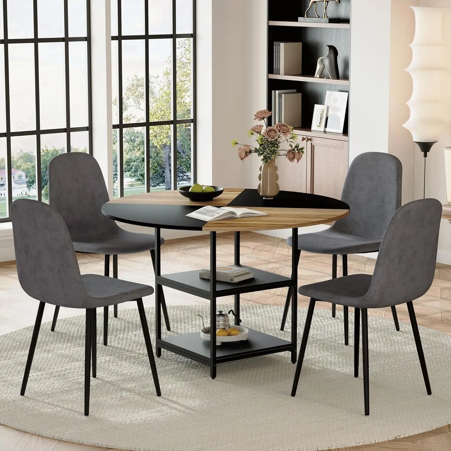 Round Dining Table Set for 4, 47” 5-Piece Dining Set with 2-Tier Storage Shelf and Space-Saving Design, Modern Table and Chairs