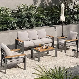 Aluminum Outdoor Patio Furniture Set, 5 Seats Outdoor Sectional with Coffee Table, Patio Conversation Sets with Upgraded Armres