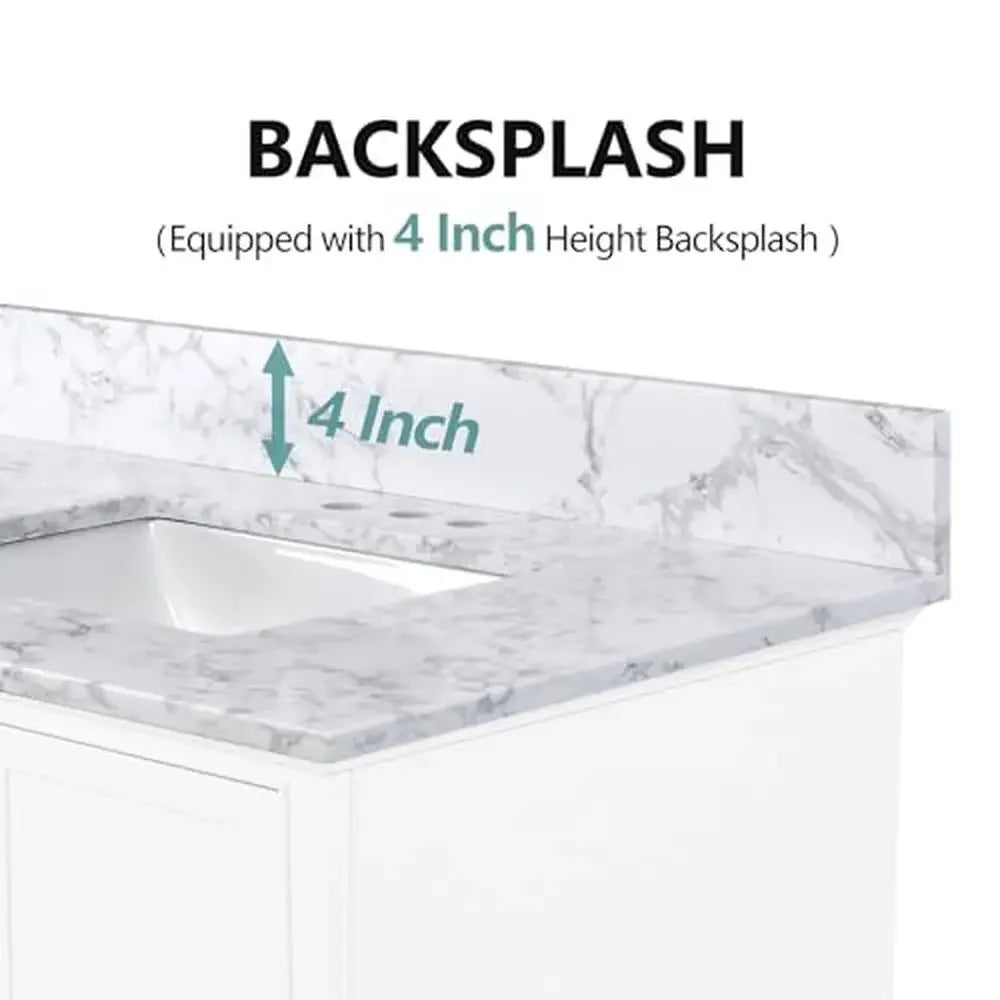 36x22 Inch Bathroom Vanity Top with Right Offset Sink Engineered Stone Countertop 8" Faucet Holes 4" Backsplash Ceramic Sink