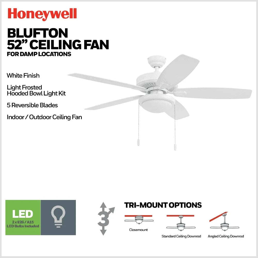 52 Inch Indoor Outdoor Ceiling Fan with Light Dimmable Pull Chains Reversible Motor 3 Speed Energy Efficient Patios Porches