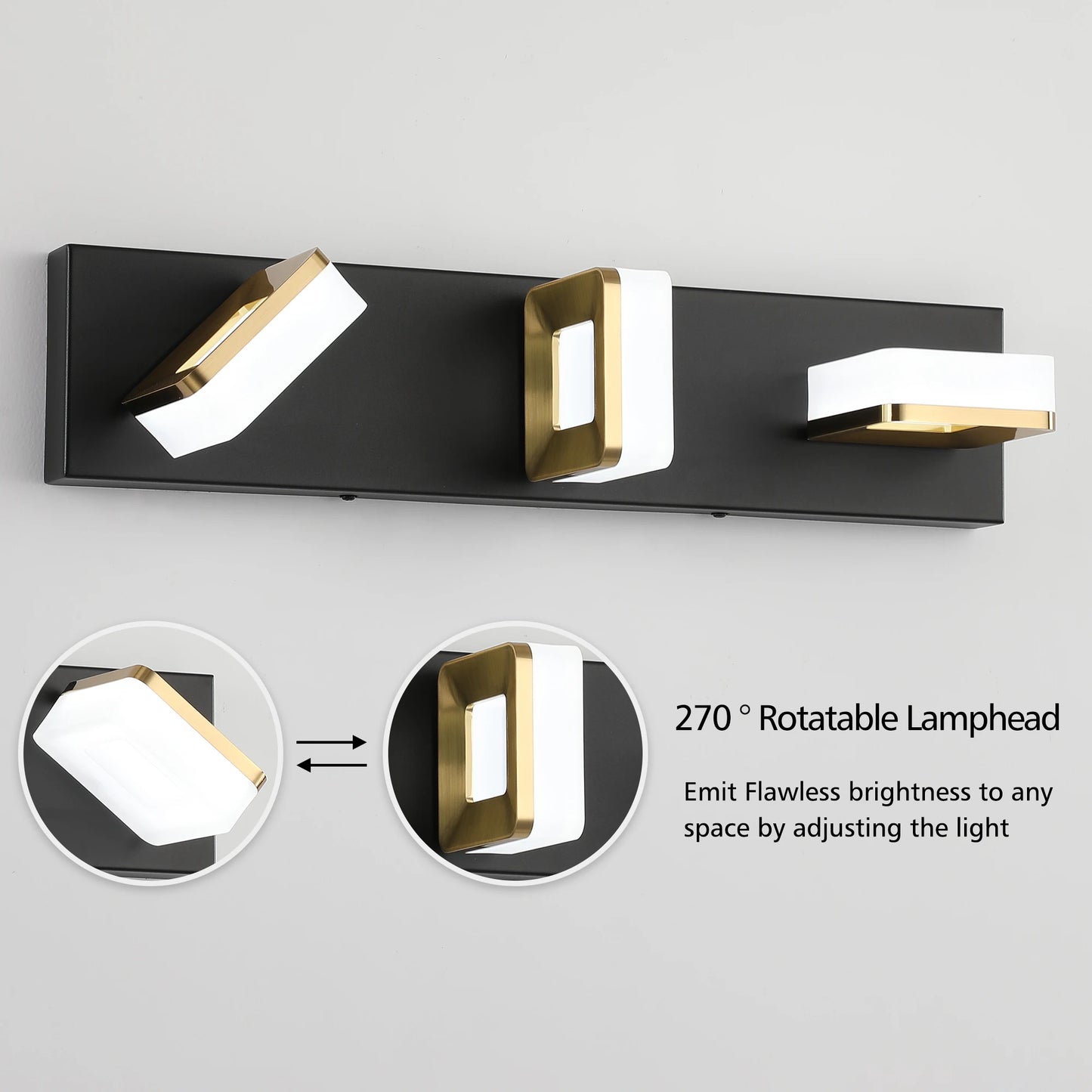 20.5in 3-Light Black and Gold Vanity Light Fixture over Mirror with Dimmable 5500K and 270° Rotatable Head Acrylic Lampshade