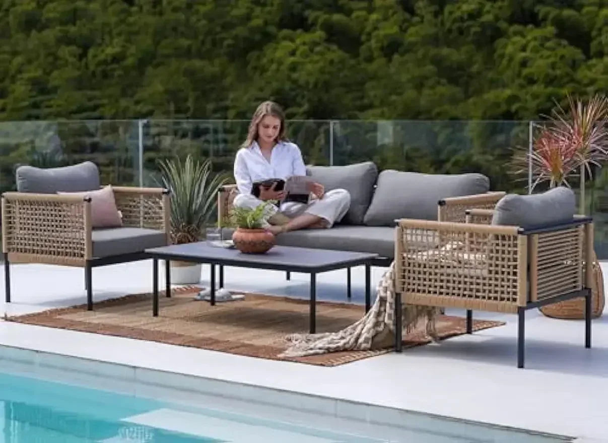 (XMSJ-Hot)Outdoor 4-Piece Conversation Set Rust Free Patio Furniture Set Olefin Modern Sofa Seating for Garden, Backyard, Balco