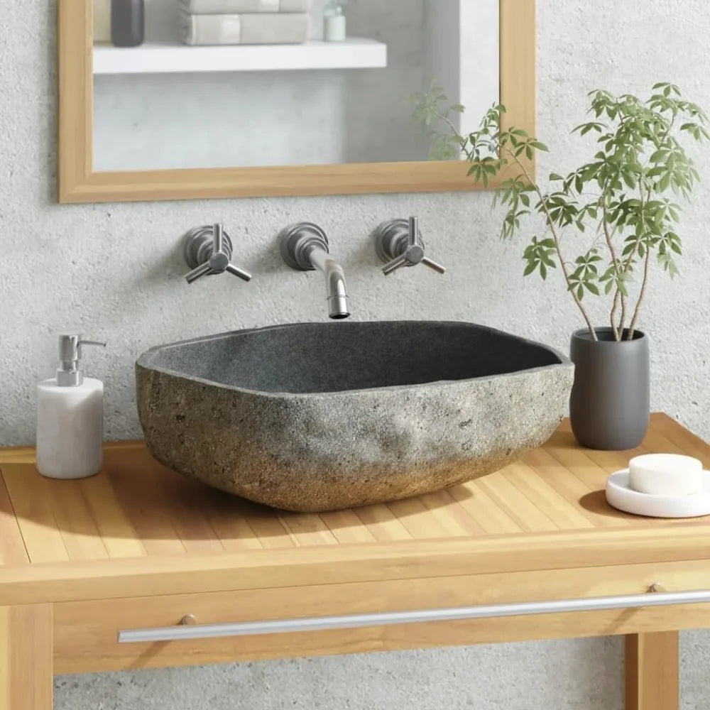 Bathroom Vessel Sink Handmade Basin River Stone Wash Basin Sink Above Counter Oval Washbowl Furniture, 17.7"-20.9"(B) -AA