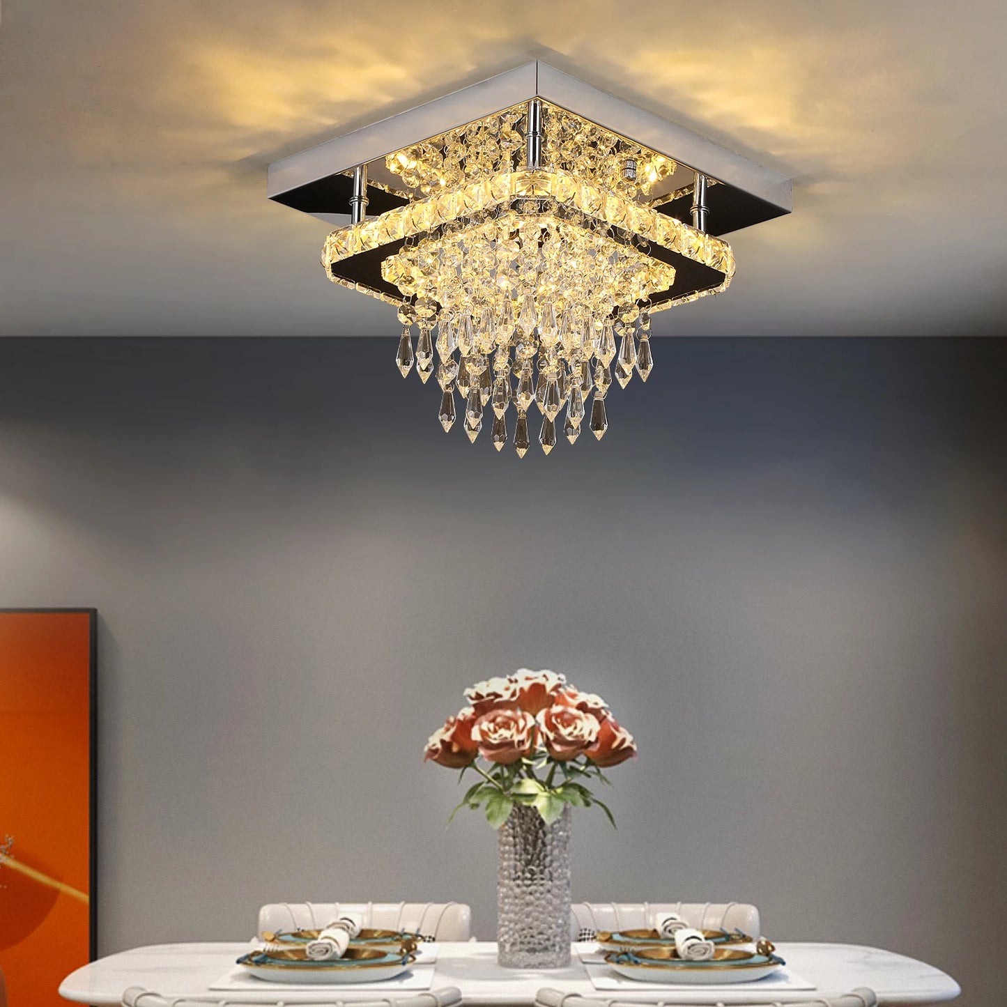 Ceiling Lamp Led Modern Chandelier Pendant Light Drop Crystal Square Design Living Dining Room Home Decor Indoor Hanging Fixture