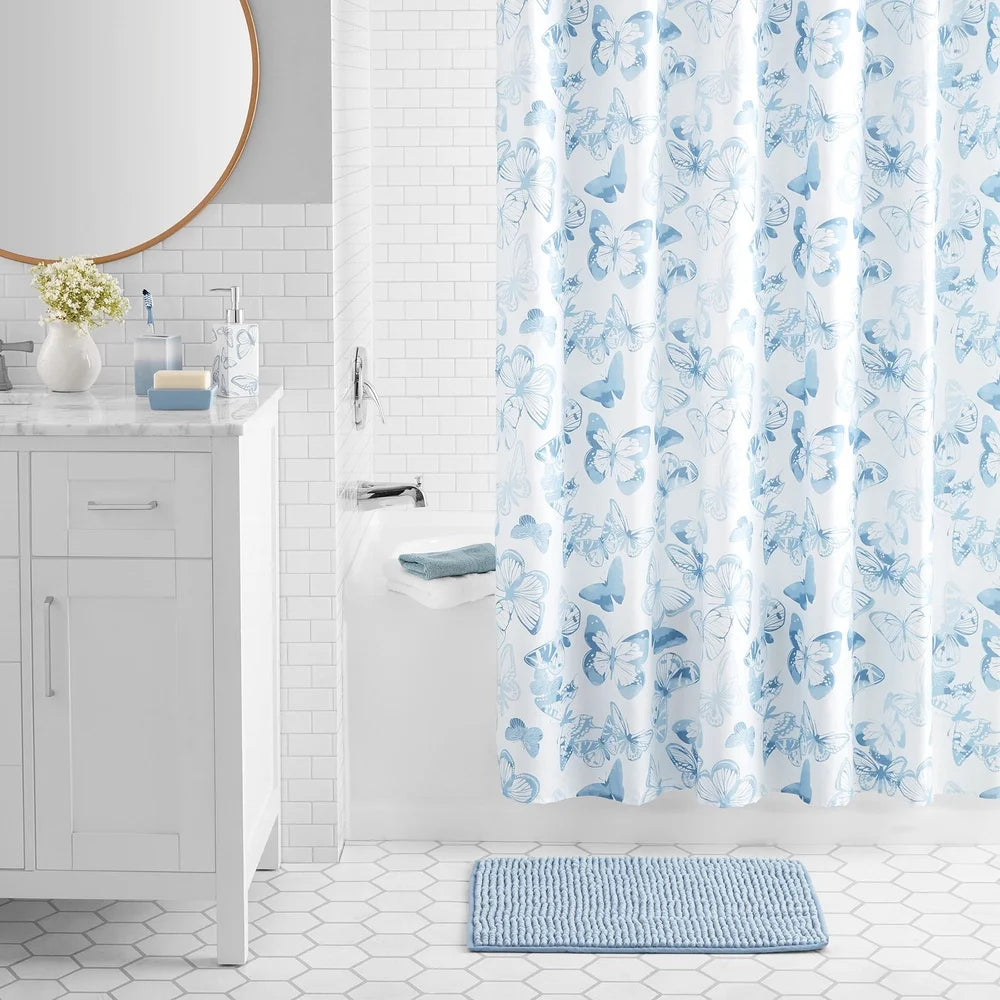 17 Piece Butterfly Shower Curtain Bathroom Accessory Set Polyester Ceramic Includes Rug Dispenser Soap Dish Toothbrush Holder