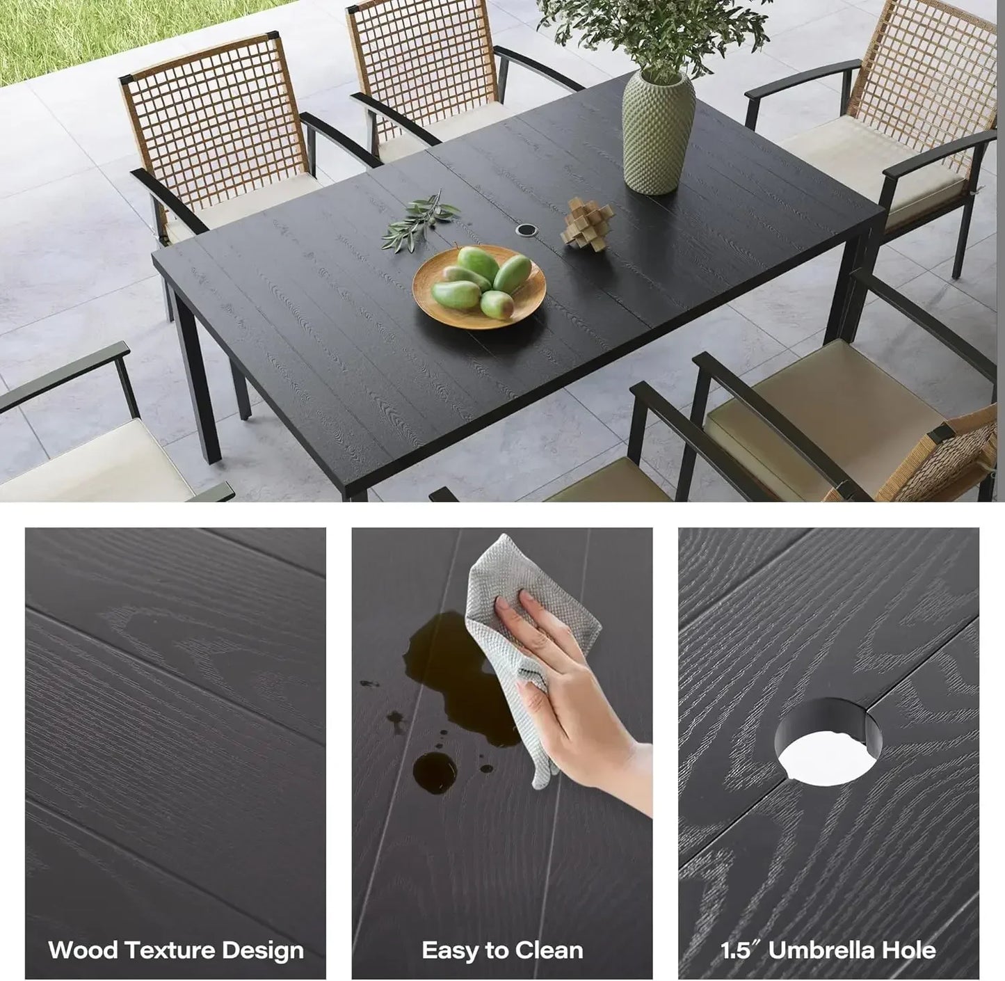 7 Pieces Patio Dining Set, Outdoor Furniture Set of 6 Chairs with Soft Cushion and Iron Slats Table Top with Umbrella Hole