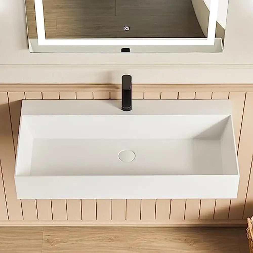 30x18 Matte White Stone Resin Wall Mount Bathroom Vessel Sink Combo with Pop-up Drain Repairable Surface Minimalist Design