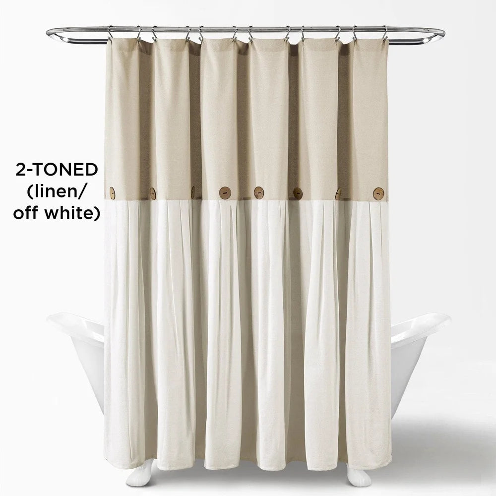 Linen Button Color Block Shower Curtain 72x72 Faux Linen Fabric Pleated Design Machine Washable Bathroom Decor