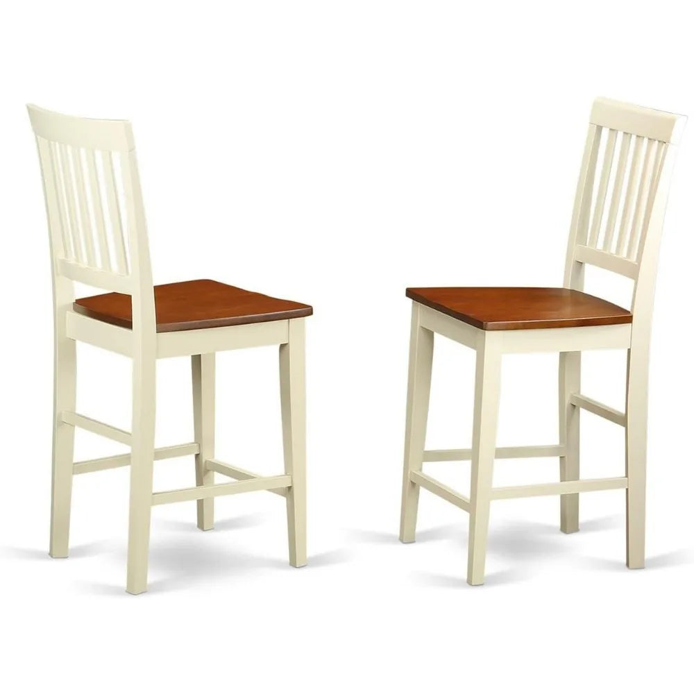 3 Piece Counter Height Dining Set for Small Spaces Contains a Round Dining Room Table with Pedestal and 2 Wooden Seat Chairs