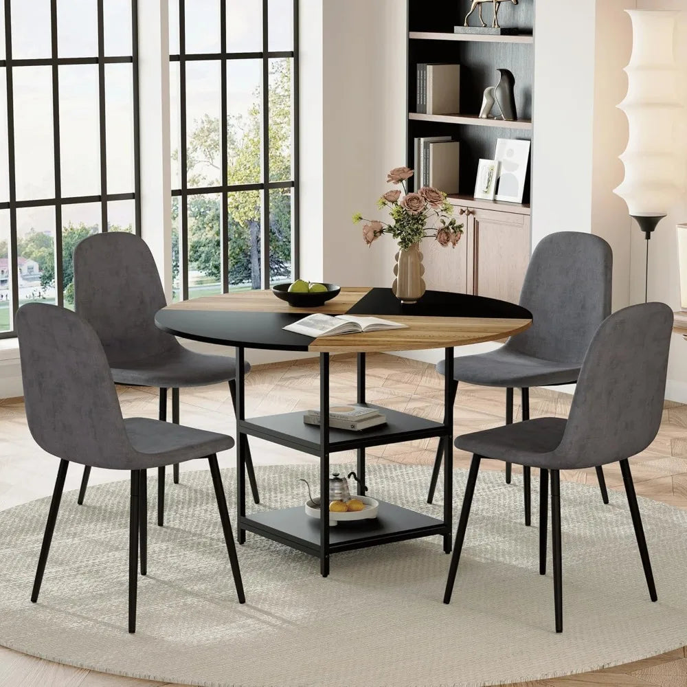 Round Dining Table Set for 4, 47” 5-Piece Dining Set with 2-Tier Storage Shelf and Space-Saving Design, Modern Table and Chairs