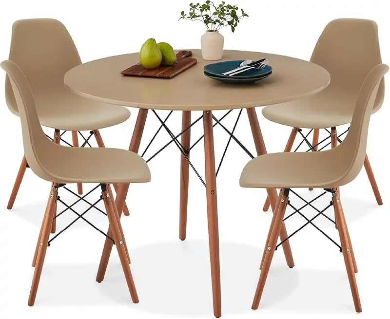 5-Piece Dining Set, Compact Mid-Century Modern Table & Chair Set for Home, Apartment w/ 4 Chairs, Plastic Seats, Wooden Legs