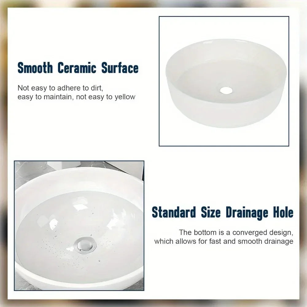 14 inch White Ceramic Bathroom Sink Round Countertop Sink, Bathroom Wash Basin, Dressing Table Sink, Without Faucet