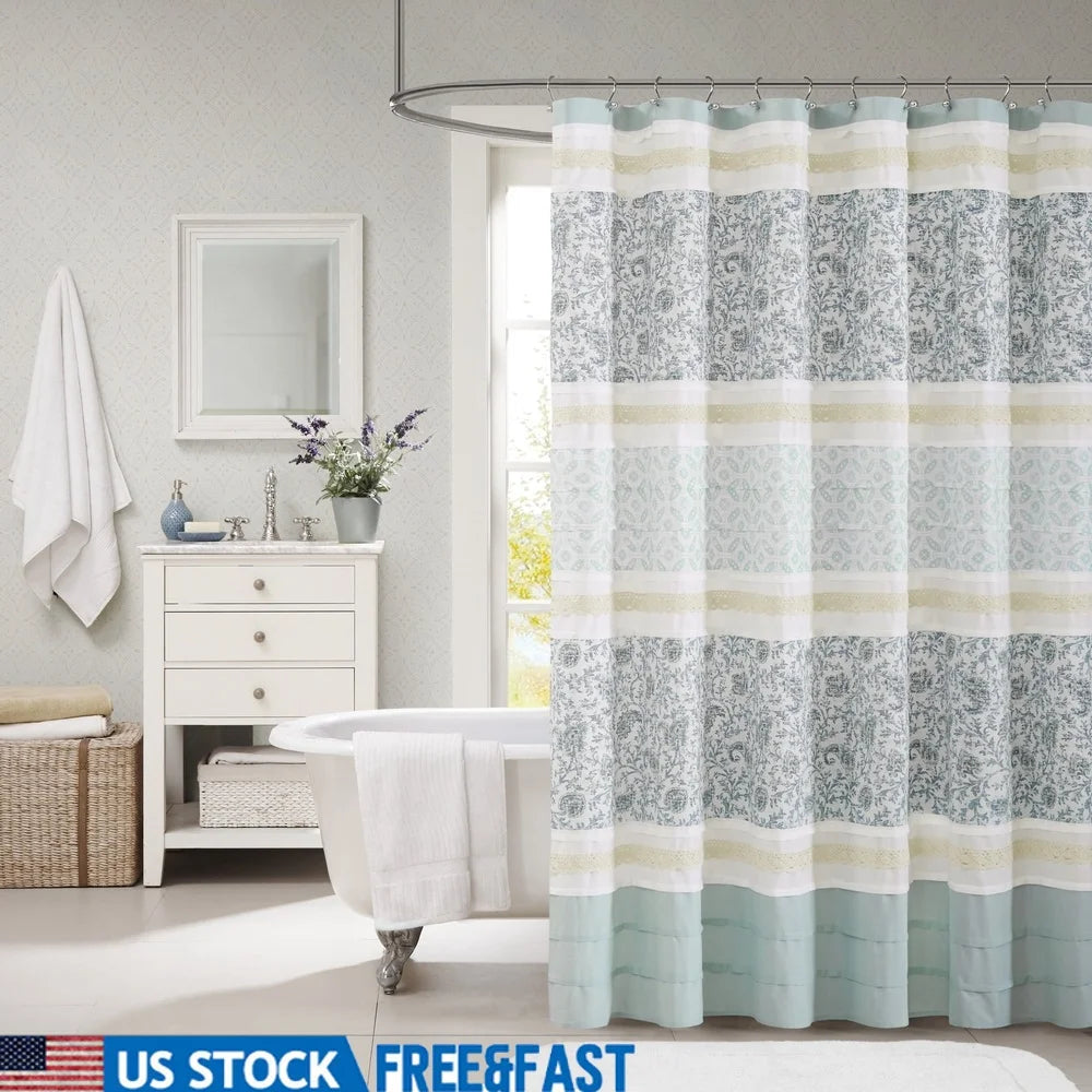 Charming Cotton Shower Curtain with Pintucked Detailing Paisley Design Lace Taping Oeko-Tex Certified Easy Care Machine Washable