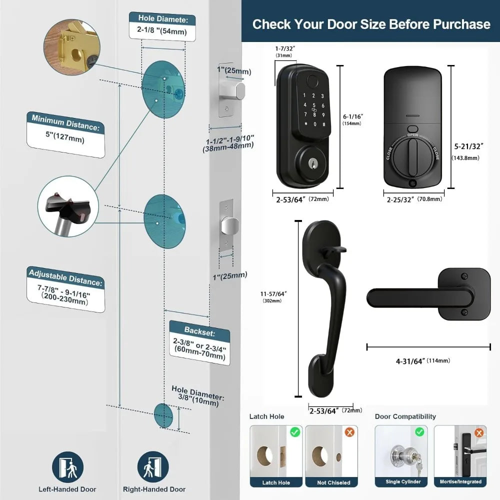Keyless Entry Door Lock with Handle Set, Smart Door Lock for Front Door with Woodworking Flat Wing Drill, Electronic Keypad Dead