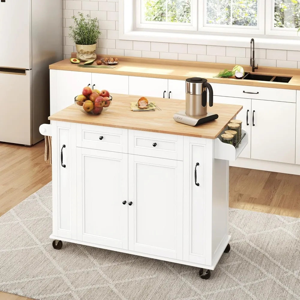 52"W Kitchen Island with Drop-Leaf Breakfast Bar and 2 Pull-outs, Kitchen Cart on Lockable Wheels with Rubberwood Top & 2 Drawe