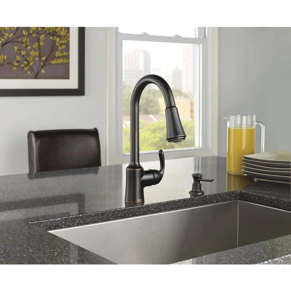 Mediterranean Bronze One-Handle High Arc Pulldown Kitchen Faucet Power Clean Reflex System Easy Installation Soap Dispenser ADA