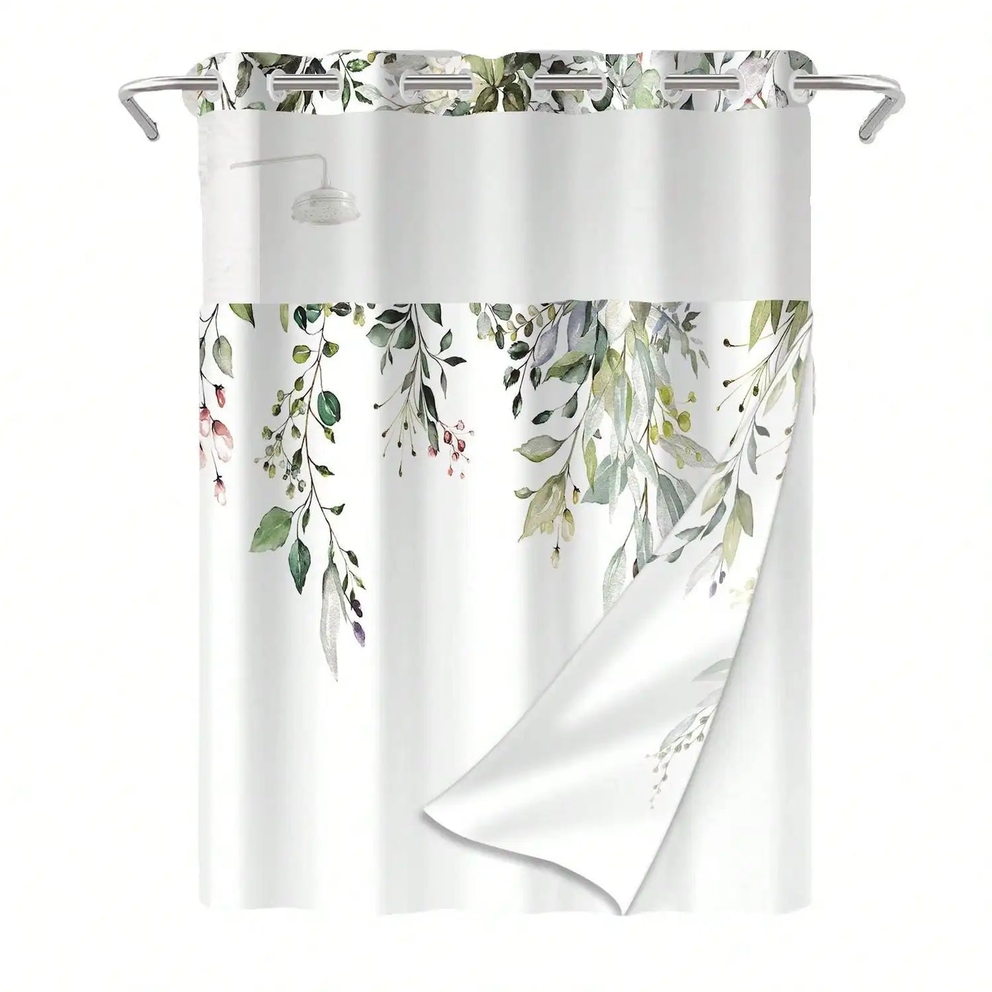 Plants Pattern No Hook Waterproof Shower Curtain, Removable With , Perfect For Bathroom Decor In Winter, Modern & Simple Design